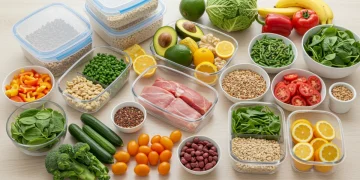 Colorful fresh ingredients for meal prep on a wooden table, emphasizing healthy eating and financial savings.
