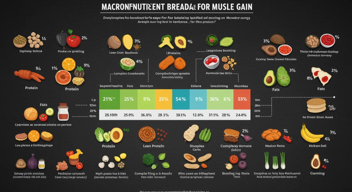 Infographic displaying ideal macronutrient ratios for muscle building, with American food examples.