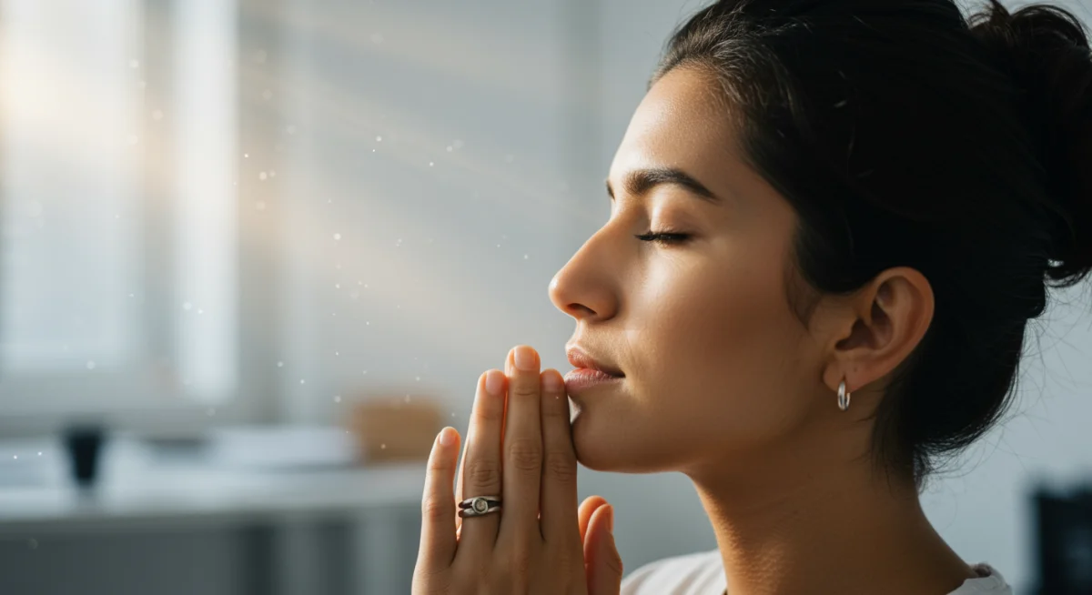 Mindful breathing exercise in a busy office setting
