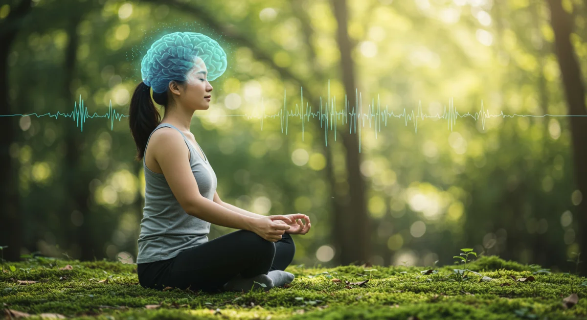 Person meditating peacefully, showing calm brain activity.