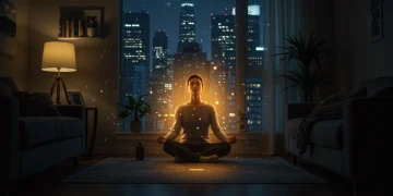 Modern American finding inner peace through mindfulness in a busy urban environment