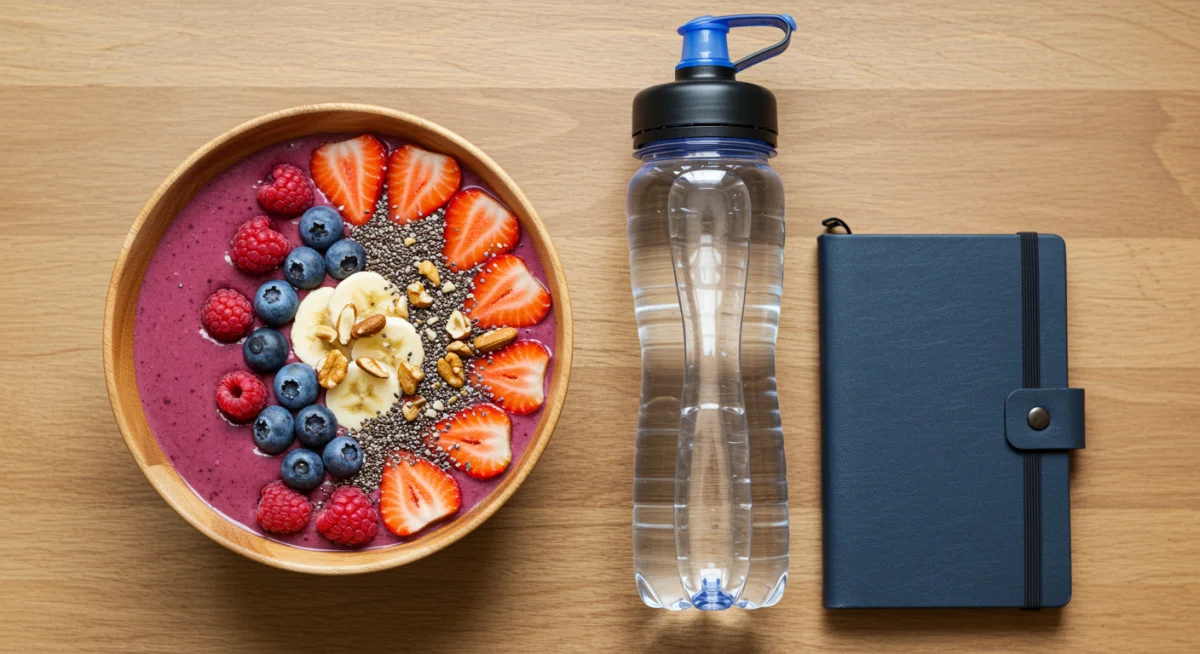 Healthy smoothie bowl and journal, symbolizing nutrition and progress tracking.