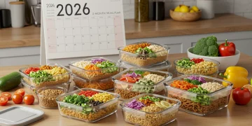 Organized meal prep containers with fresh, healthy food for a 3-month plan, boosting energy and health