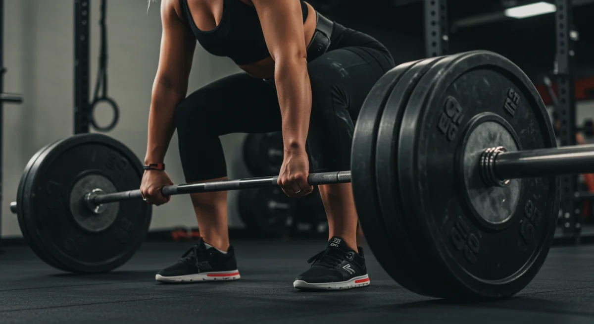 Woman demonstrating proper deadlift form with heavy weights.