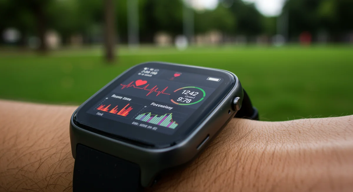 Smartwatch displaying real-time fitness metrics during a run