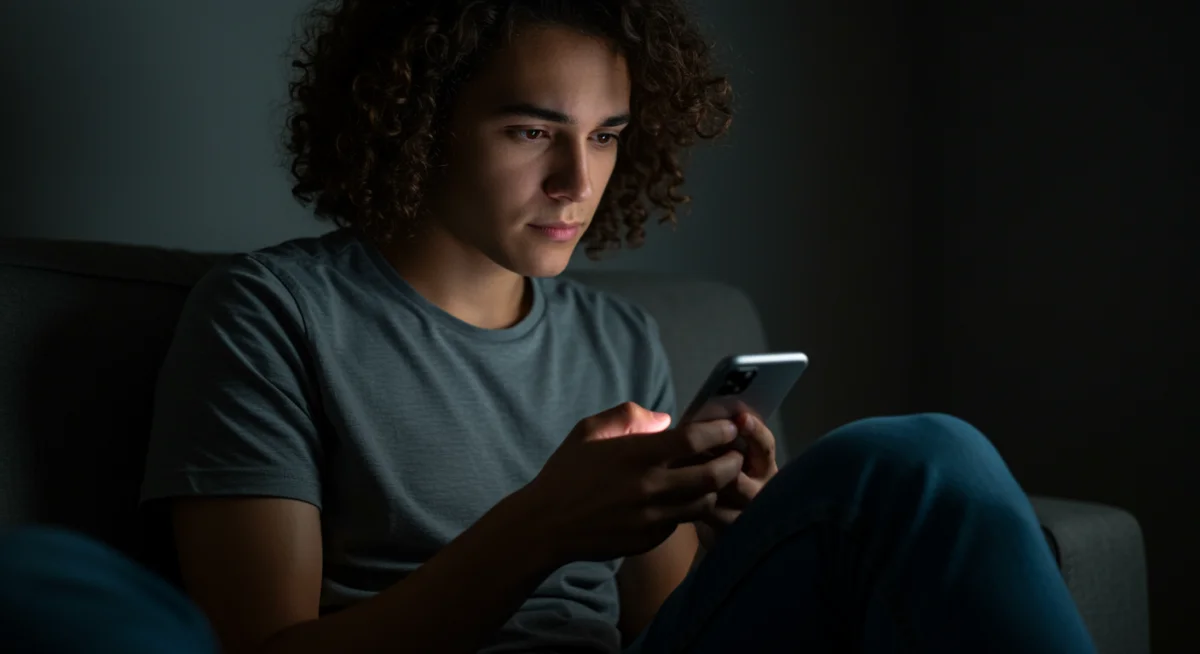 Individual engaging with a therapy app on a smartphone, reflecting on digital mental health support.