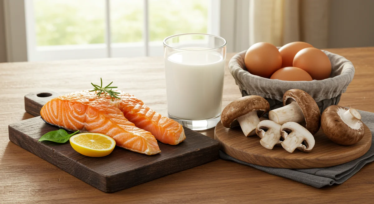 Assortment of vitamin D rich foods: salmon, fortified milk, eggs, mushrooms.
