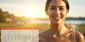 Woman in sunlight for vitamin D, calendar marking Spring 2026, bone health graphic.