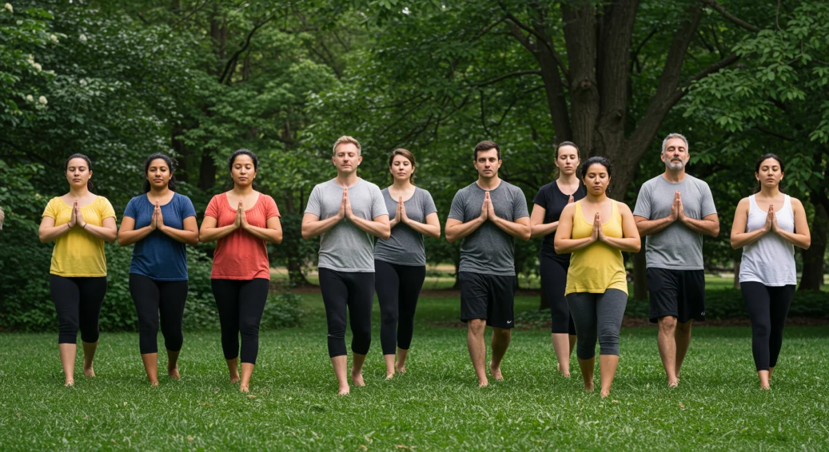 Diverse group practicing walking meditation in a park