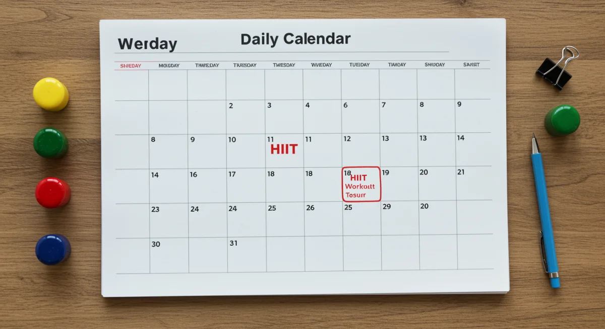Organized weekly planner showing dedicated short time slots for HIIT workouts, emphasizing schedule integration.