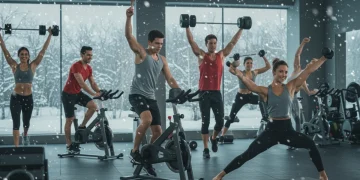 Group exercising indoors during winter, staying motivated and consistent.